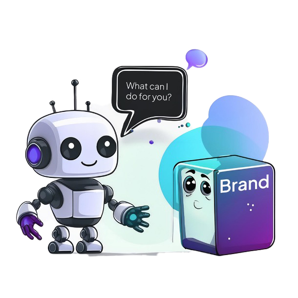 little robot representing AI, and a character representing brand